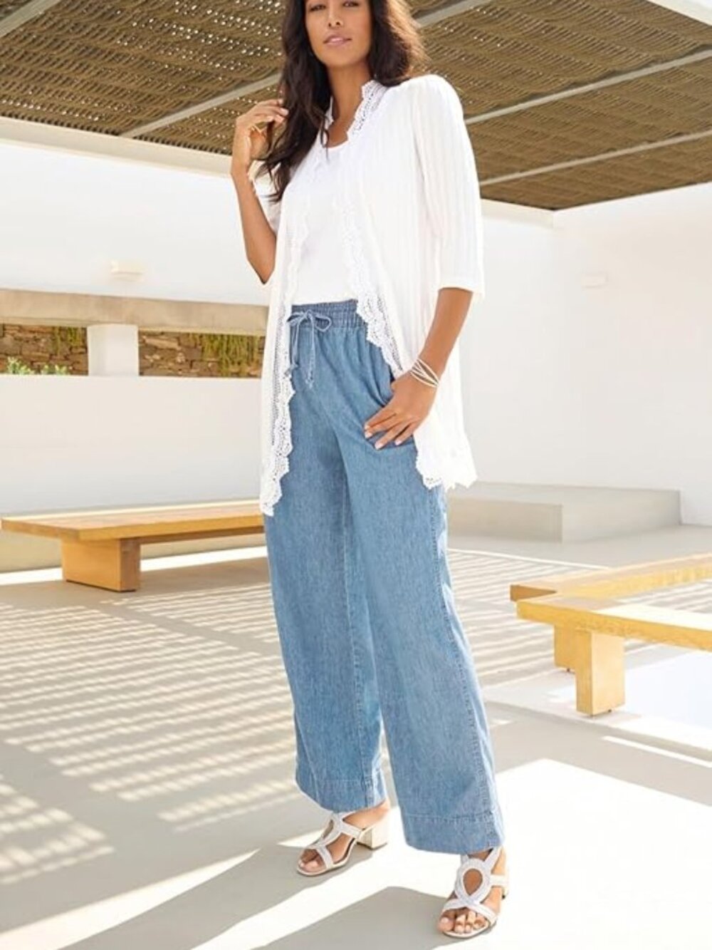 Denim 24/7 Roamans Pull On Wide Leg Chambray Pant Womens Size 14 Light Wash NWT